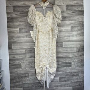 Vintage 1980's Demetrios Ivory Beaded Wedding Dress Puff Long Sleeves Sz 10 Lace